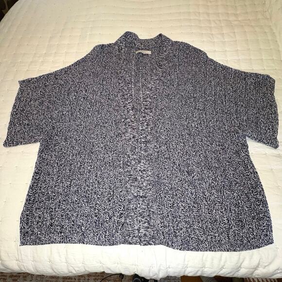 LOFT Marled Pointelle Open Cardigan Women’s L Navy White - Picture 5 of 12